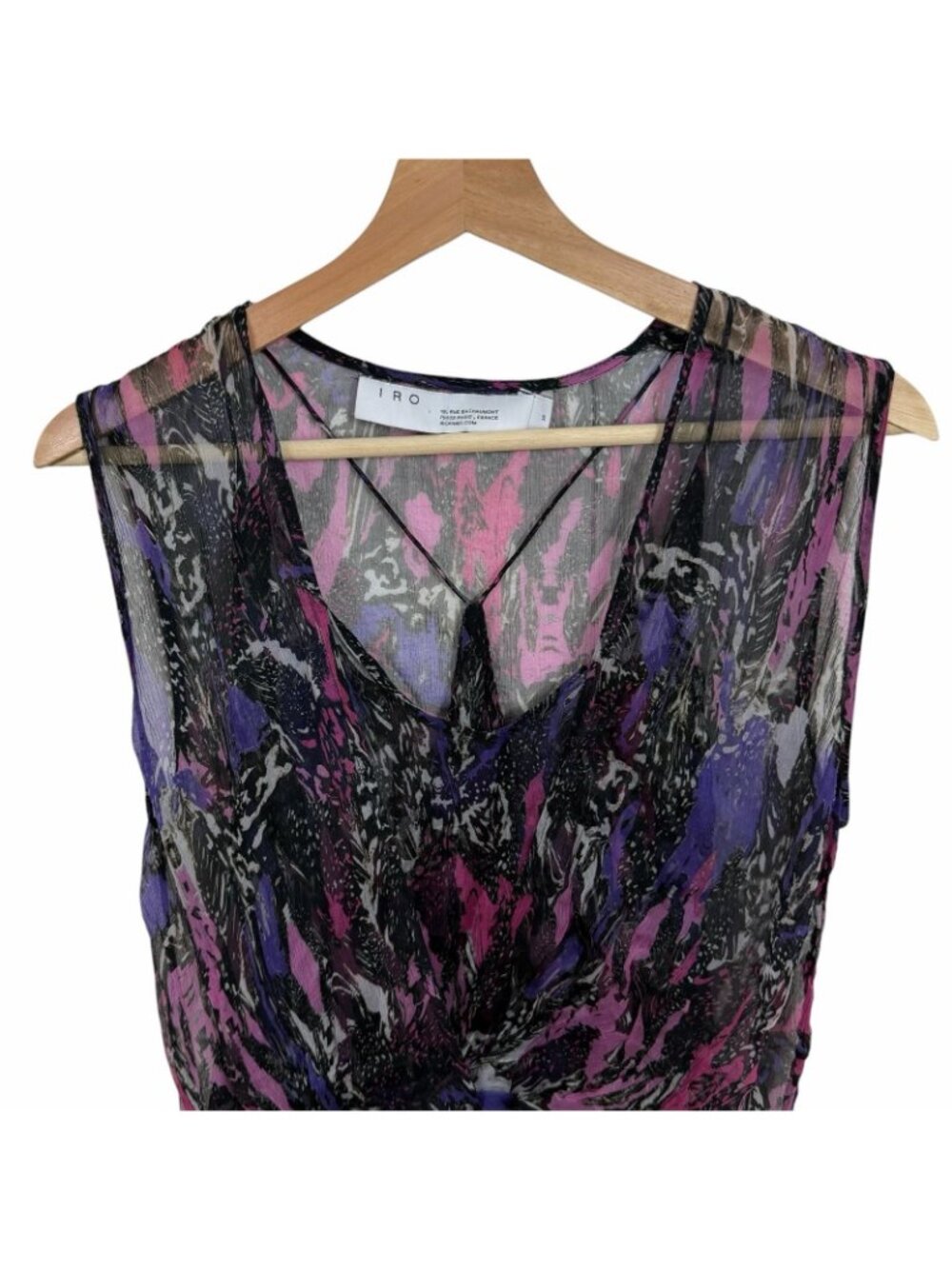IRO Street Marble Blouse Size 36 US Small 4 Sheer Chiffon Multi Twist Knot Front - Picture 4 of 14